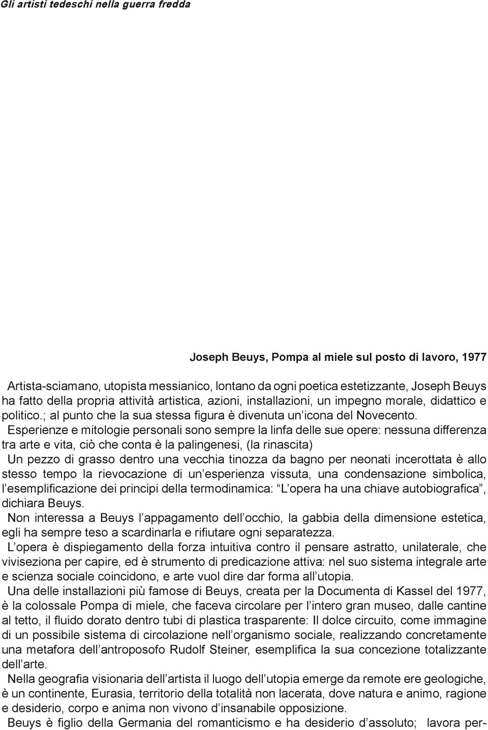 Esperienze e mitologie personali sono sempre la linfa delle sue opere: nessuna differenza tra arte e vita, ciò che conta è la palingenesi, (la rinascita) Un pezzo di grasso dentro una vecchia tinozza