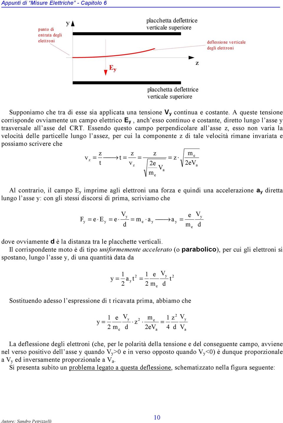 A queste tensione corrisponde ovvimente un cmpo elettrico E y, nch esso continuo e costnte, diretto lungo l sse y trsversle ll sse del CRT.