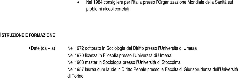 Nel 1970 licenza in Filosofia presso l Università di Umeaa Nel 1963 master in Sociologia presso l Università di