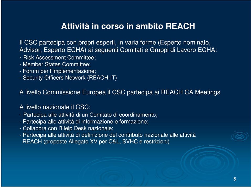 partecipa ai REACH CA Meetings A livello nazionale il CSC: - Partecipa alle attività di un Comitato di coordinamento; - Partecipa alle attività di informazione e