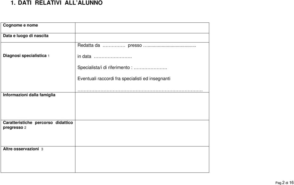 Eventuali raccordi fra specialisti ed insegnanti Informazioni dalla famiglia.