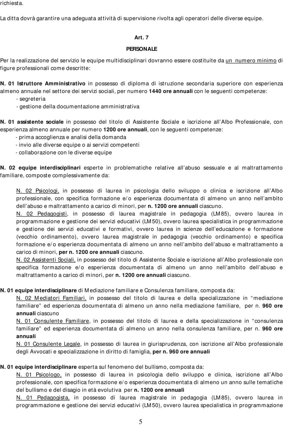 01 Istruttore Amministrativo in possesso di diploma di istruzione secondaria superiore con esperienza almeno annuale nel settore dei servizi sociali, per numero 1440 ore annuali con le seguenti