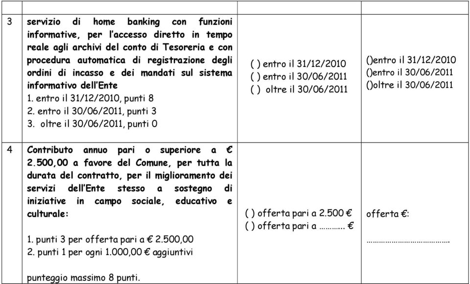 oltre il 30/06/2011, punti 0 ( ) entro il 31/12/2010 ( ) entro il 30/06/2011 ( ) oltre il 30/06/2011 ()entro il 31/12/2010 ()entro il 30/06/2011 ()oltre il 30/06/2011 4 Contributo annuo pari o