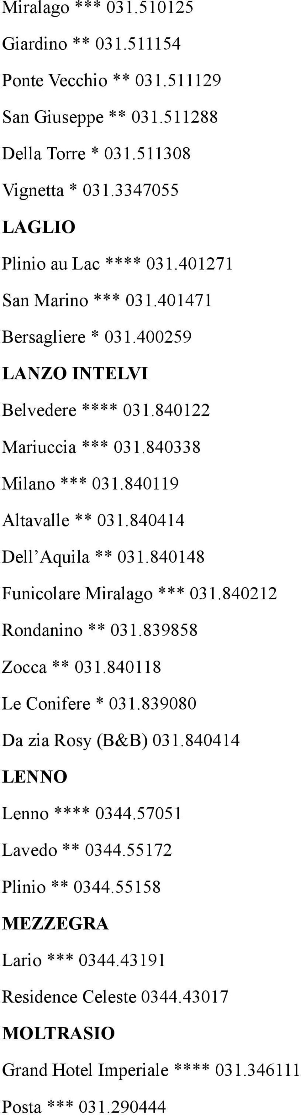 840338 Milano *** 031.840119 Altavalle ** 031.840414 Dell Aquila ** 031.840148 Funicolare Miralago *** 031.840212 Rondanino ** 031.839858 Zocca ** 031.