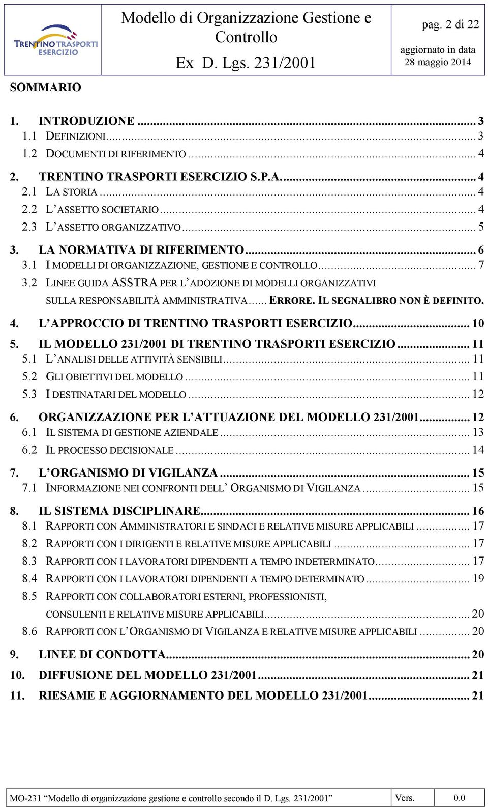 ..ERRORE. IL SEGNALIBRO NON È DEFINITO. 4. L APPROCCIO DI TRENTINO TRASPORTI ESERCIZIO... 10 5. IL MODELLO 231/2001 DI TRENTINO TRASPORTI ESERCIZIO... 11 5.1 L ANALISI DELLE ATTIVITÀ SENSIBILI... 11 5.2 GLI OBIETTIVI DEL MODELLO.