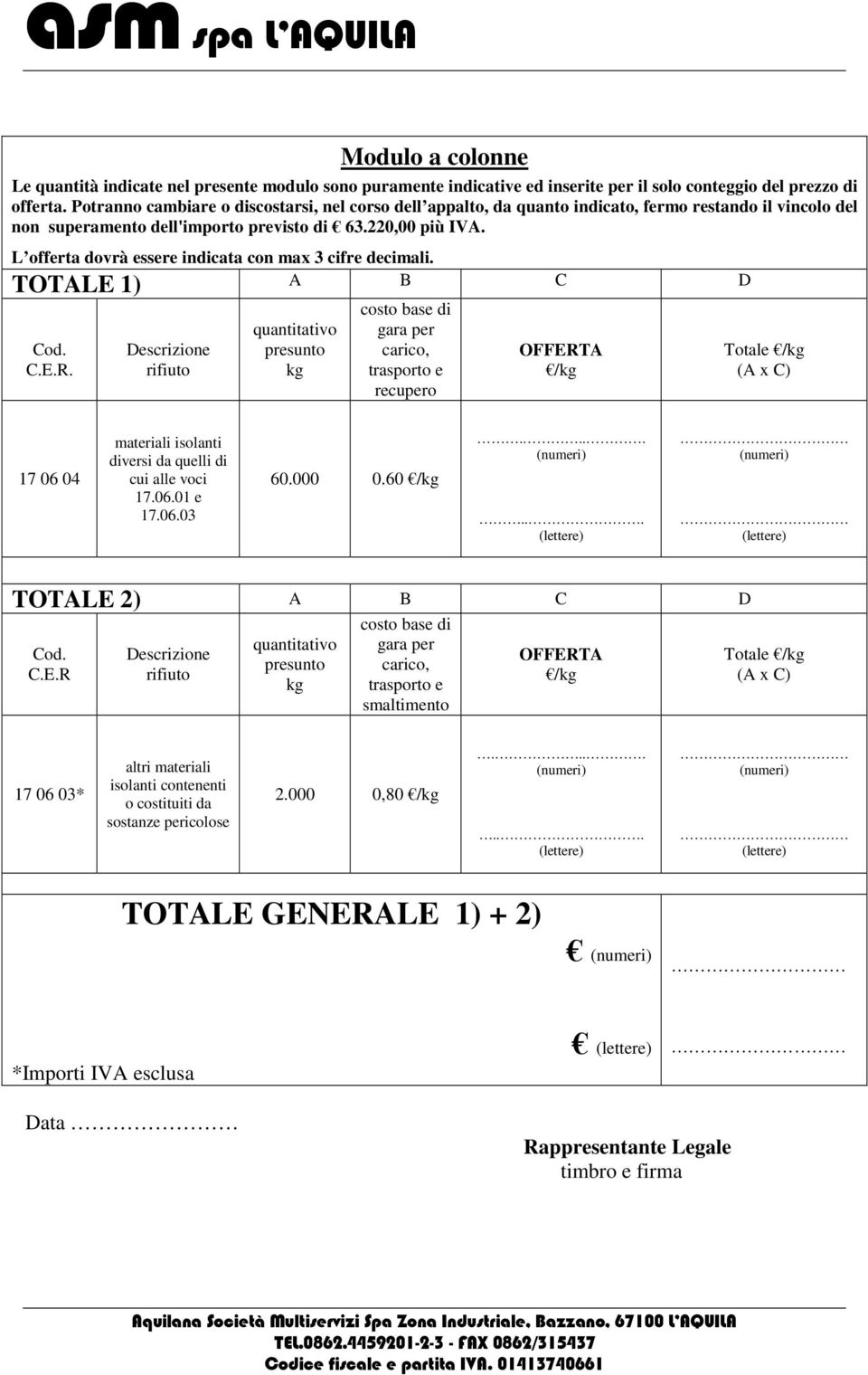 L offerta dovrà essere indicata con max 3 cifre decimali. TOTALE 1) A B C D Cod. C.E.R.