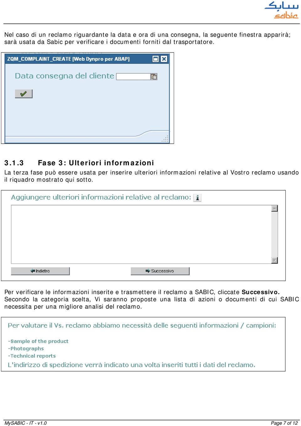 3 Fase 3: Ulteriori informazioni La terza fase può essere usata per inserire ulteriori informazioni relative al Vostro reclamo usando il riquadro