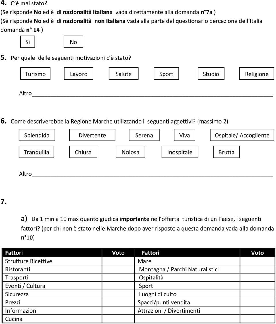 Italia domanda n 14 ) 5. Per quale delle seguenti motivazioni c è stato? Turismo Lavoro Salute Studio Religione 6.
