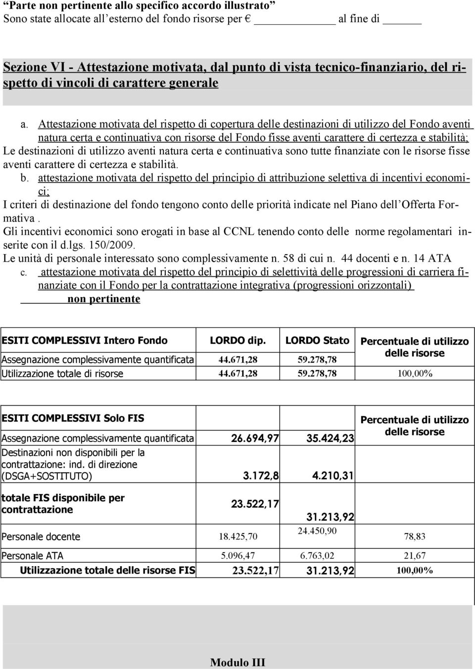 Attestazione motivata del rispetto di copertura delle destinazioni di utilizzo del Fondo aventi natura certa e continuativa con risorse del Fondo fisse aventi carattere di certezza e stabilità; Le