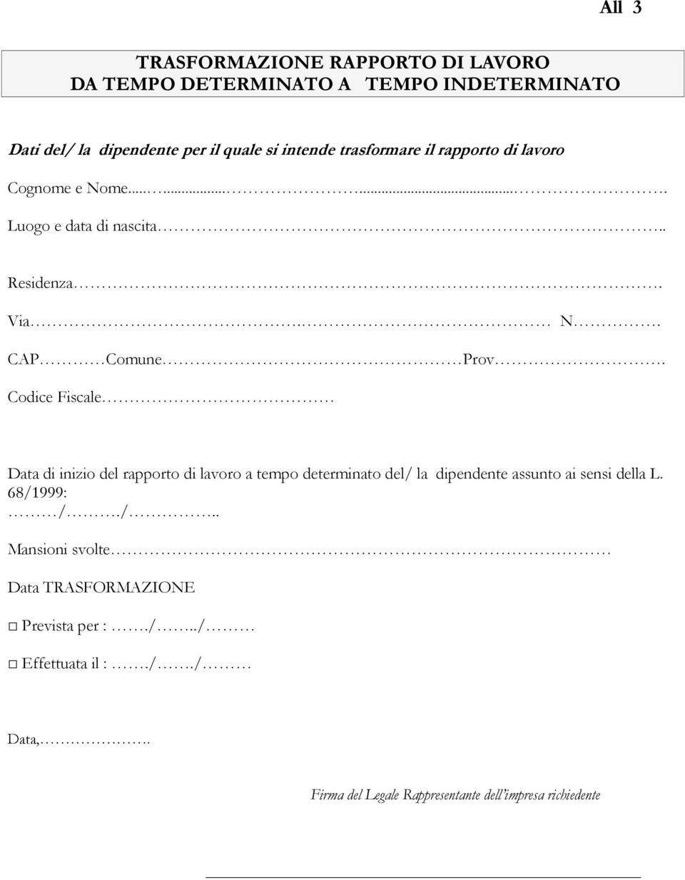 Codice Fiscale Data di inizio del rapporto di lavoro a tempo determinato del/ la dipendente assunto ai sensi della L. 68/1999: /./.. Mansioni svolte Data TRASFORMAZIONE Prevista per :.