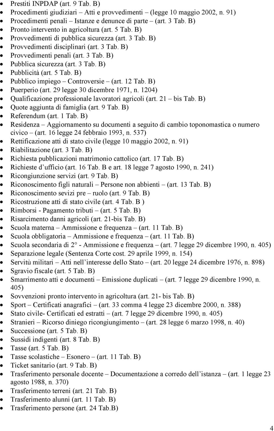 3 Tab. B) Pubblicità (art. 5 Tab. B) Pubblico impiego Controversie (art. 12 Tab. B) Puerperio (art. 29 legge 30 dicembre 1971, n. 1204) Qualificazione professionale lavoratori agricoli (art.