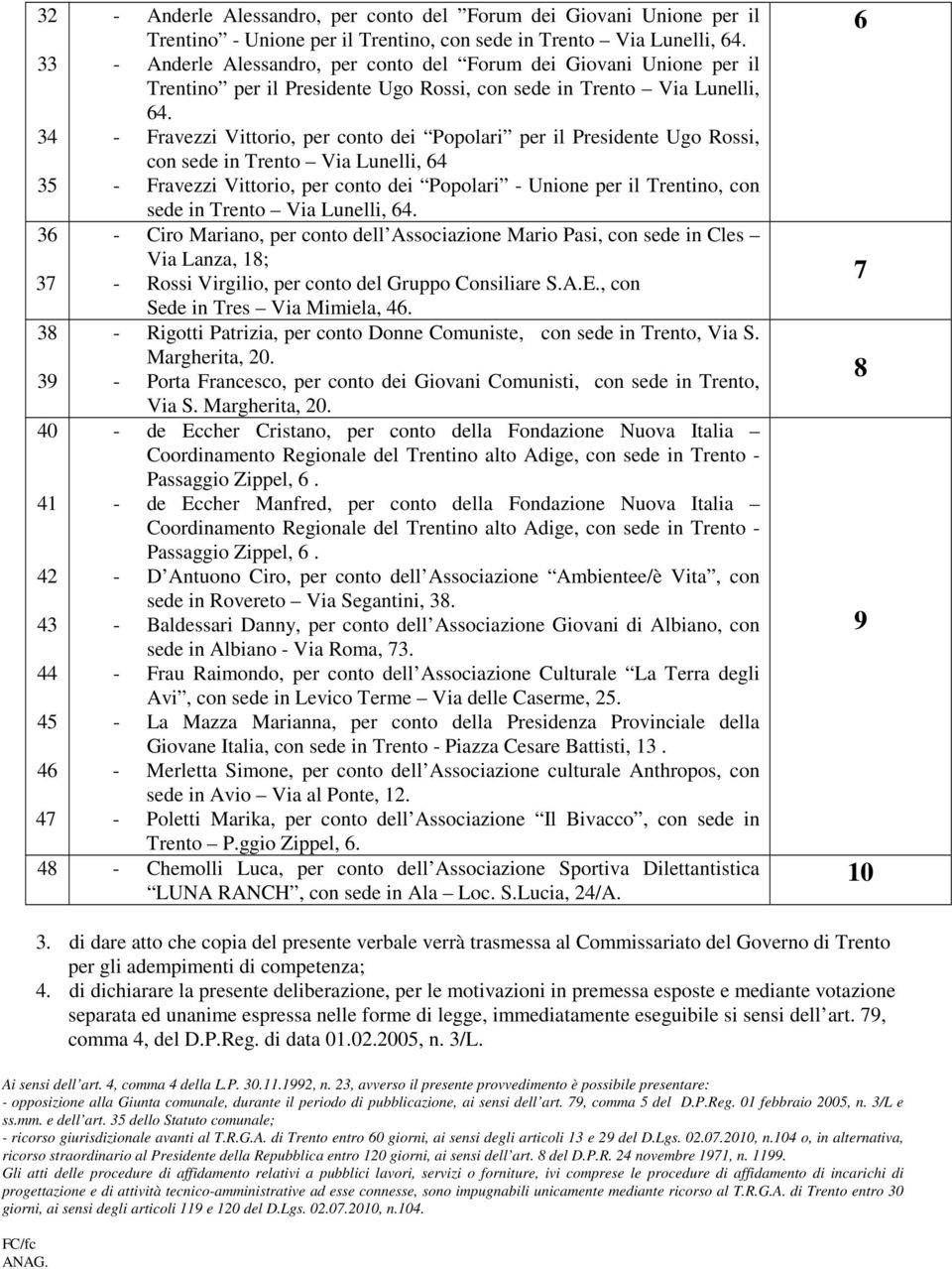 34 - Fravezzi Vittorio, per conto dei Popolari per il Presidente Ugo Rossi, con sede in Trento Via Lunelli, 64 35 - Fravezzi Vittorio, per conto dei Popolari - Unione per il Trentino, con sede in