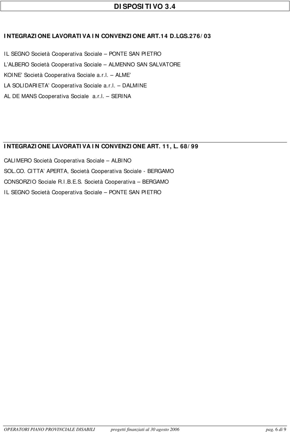 r.l. DALMINE AL DE MANS Cooperativa Sociale a.r.l. SERINA INTEGRAZIONE LAVORATIVA IN CONVENZIONE ART. 11, L. 68/99 CALIMERO Società Cooperativa Sociale ALBINO SOL.CO. CITTA APERTA, Società Cooperativa Sociale - BERGAMO CONSORZIO Sociale R.