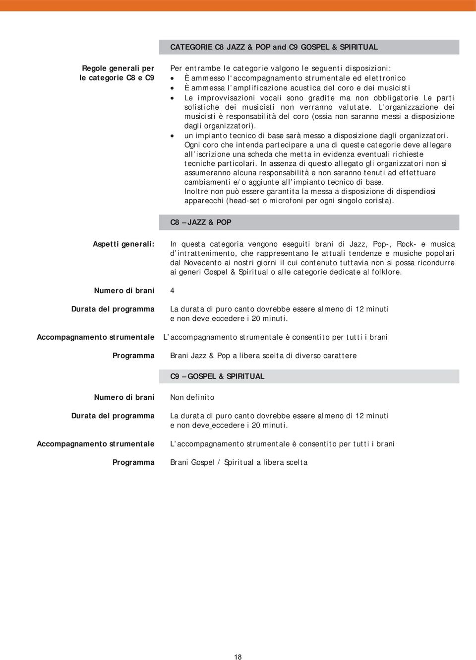 L organizzazione dei musicisti è responsabilità del coro (ossia non saranno messi a disposizione dagli organizzatori). un impianto tecnico di base sarà messo a disposizione dagli organizzatori.