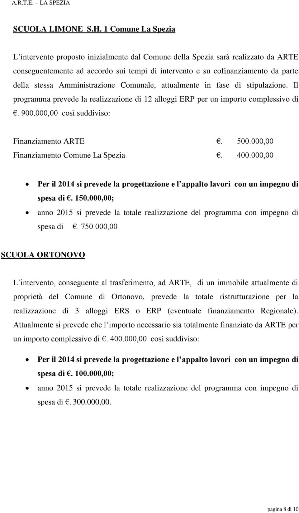 Amministrazione Comunale, attualmente in fase di stipulazione. Il programma prevede la realizzazione di 12 alloggi ERP per un importo complessivo di. 900.000,00 così suddiviso: Finanziamento ARTE.