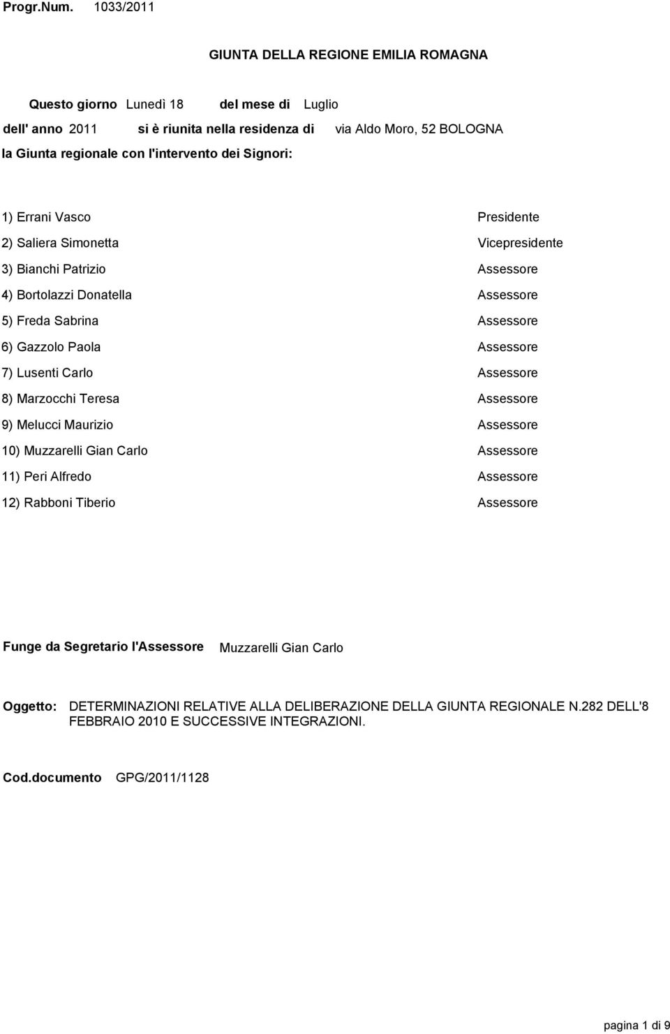 Moro, 52 BOLOGNA 1) Errani Vasco Presidente 2) Saliera Simonetta Vicepresidente 3) Bianchi Patrizio Assessore 4) Bortolazzi Donatella Assessore 5) Freda Sabrina Assessore 6) Gazzolo Paola Assessore