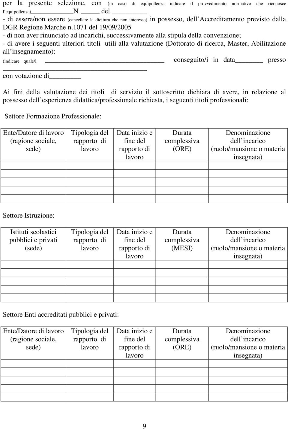 1071 del 19/09/2005 - di non aver rinunciato ad incarichi, successivamente alla stipula della convenzione; - di avere i seguenti ulteriori titoli utili alla valutazione (Dottorato di ricerca, Master,