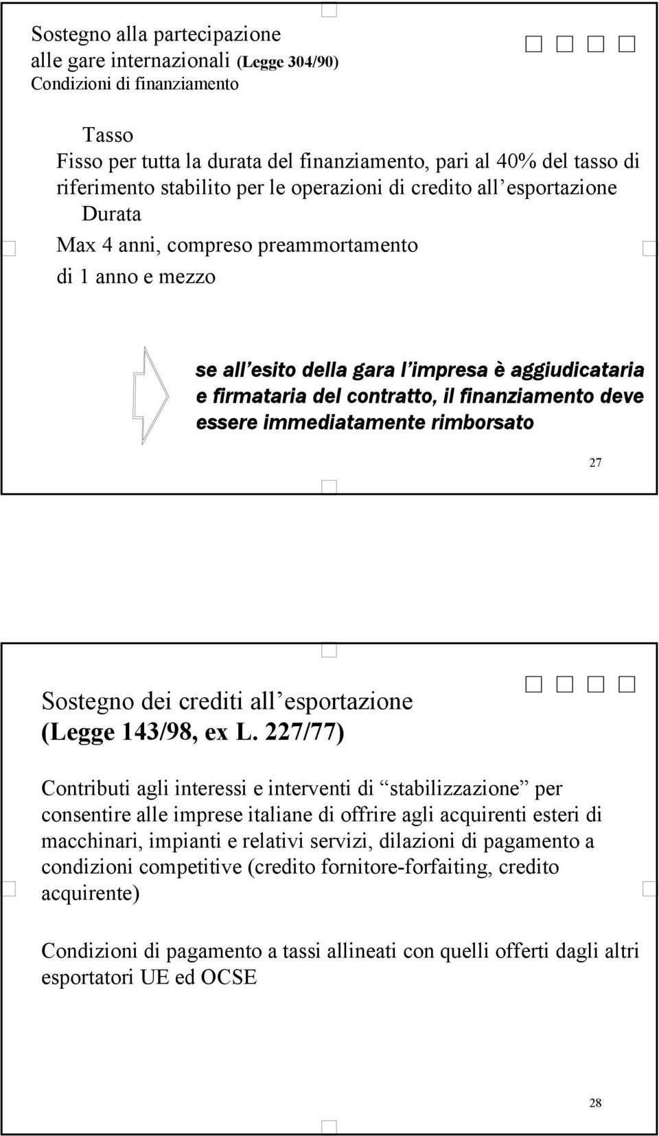 deve essere immediatamente rimborsato 27 Sostegno dei crediti all esportazione (Legge 143/98, ex L.