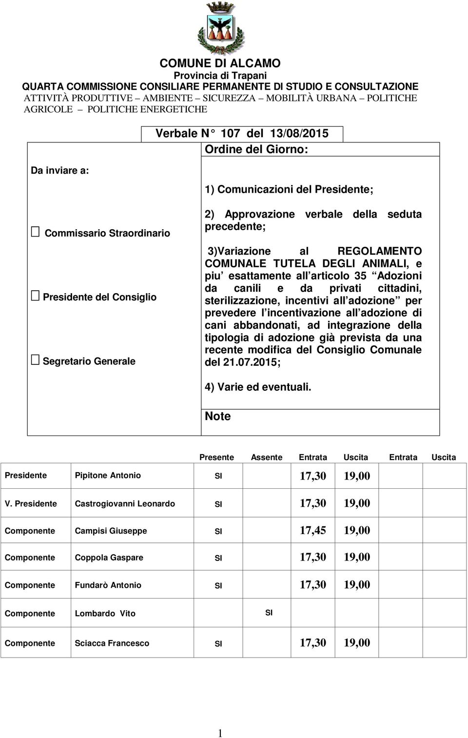 verbale della seduta precedente; 3)Variazione al REGOLAMENTO COMUNALE TUTELA DEGLI ANIMALI, e piu esattamente all articolo 35 Adozioni da canili e da privati cittadini, sterilizzazione, incentivi all