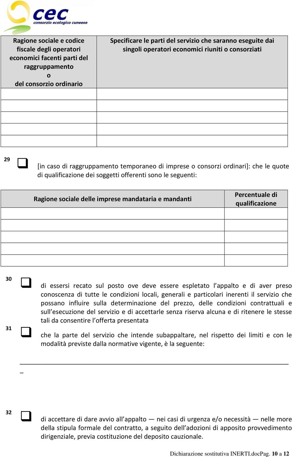 imprese mandataria e mandanti Percentuale di qualificazione 30 31 di essersi recato sul posto ove deve essere espletato l appalto e di aver preso conoscenza di tutte le condizioni locali, generali e