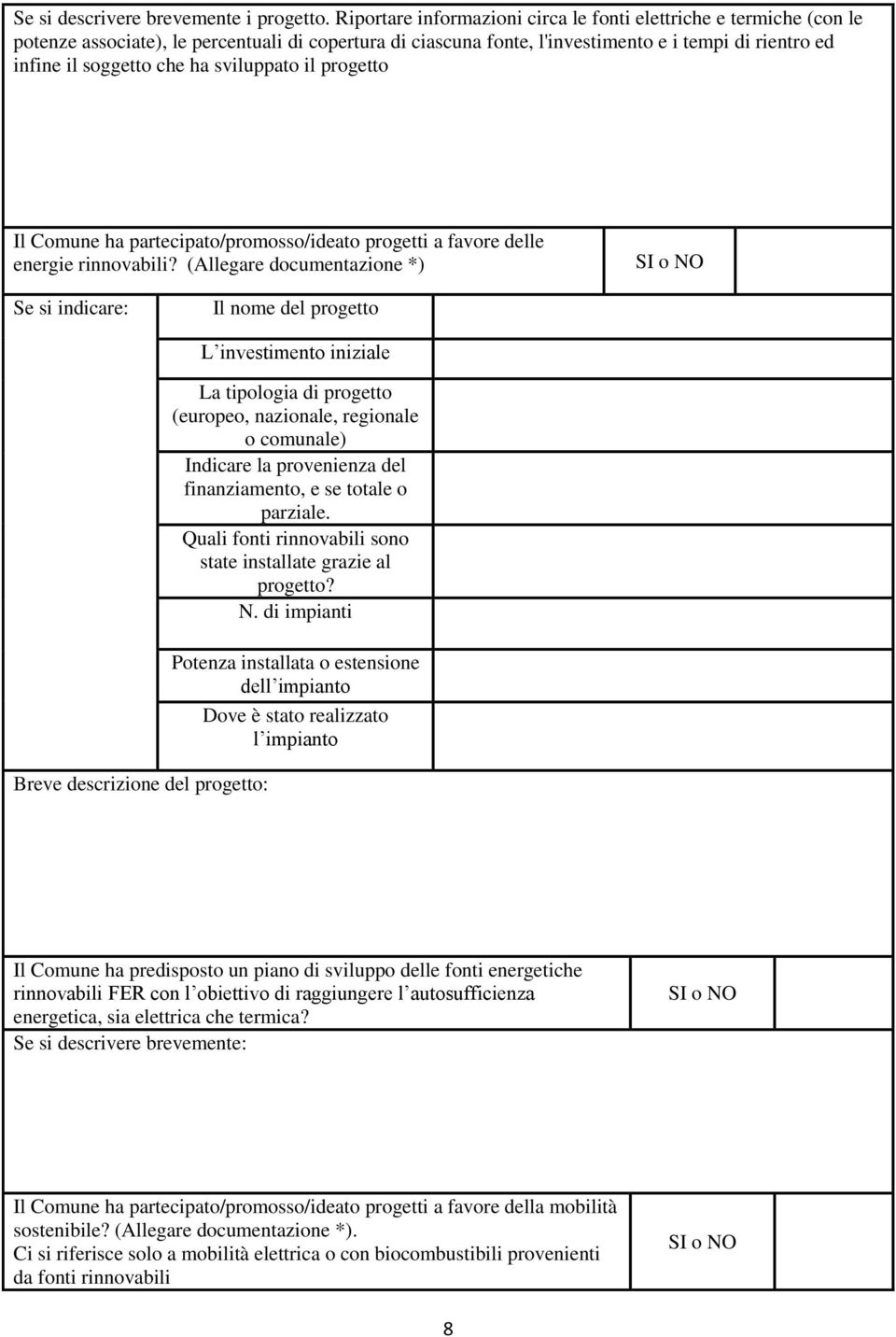 sviluppato il progetto Il Comune ha partecipato/promosso/ideato progetti a favore delle energie rinnovabili?