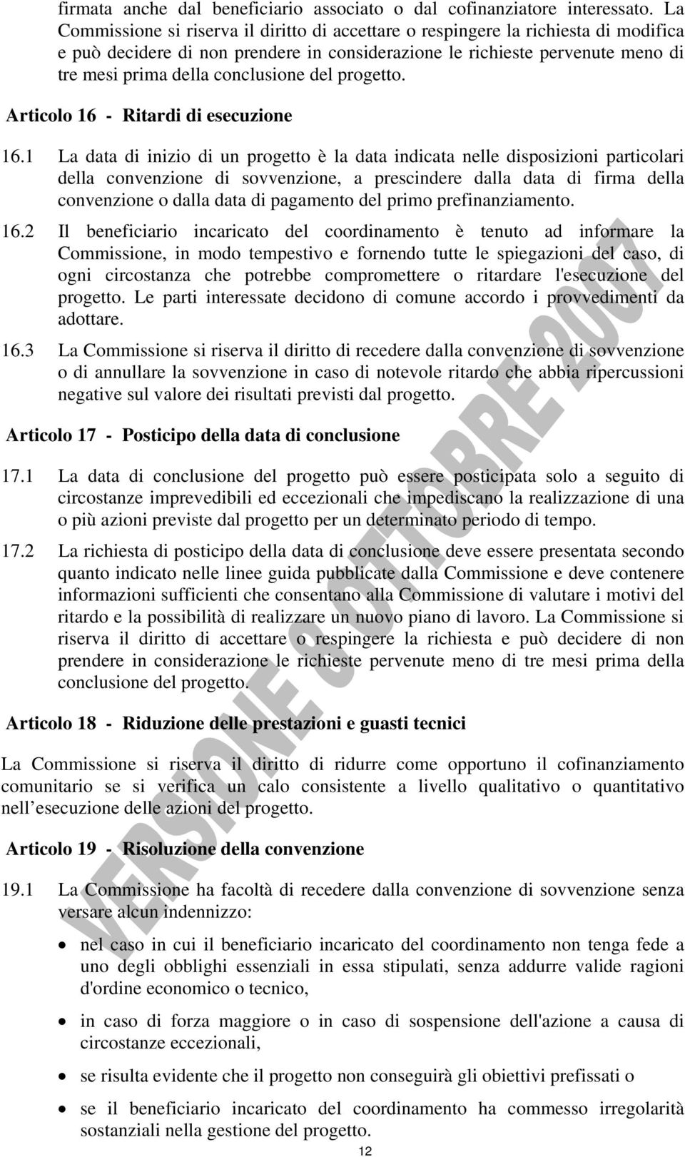 conclusione del progetto. Articolo 16 - Ritardi di esecuzione 16.