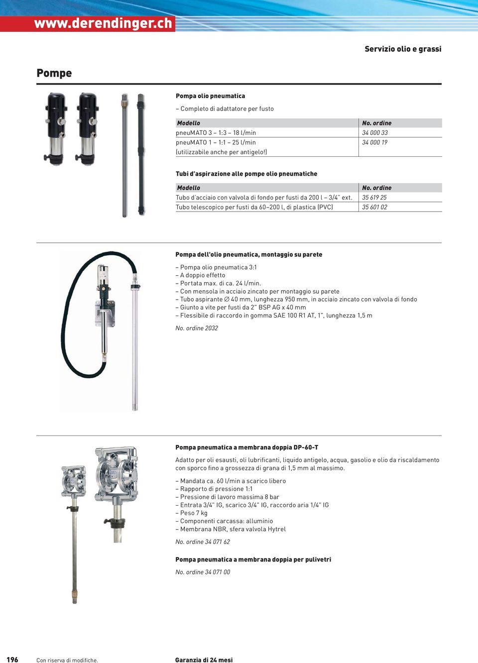 35 619 25 Tubo telescopico per fusti da 60 200 l, di plastica (PVC) 35 601 02 Pompa dell'olio pneumatica, montaggio su parete Pompa olio pneumatica 3:1 A doppio effetto Portata max. di ca. 24 l/min.