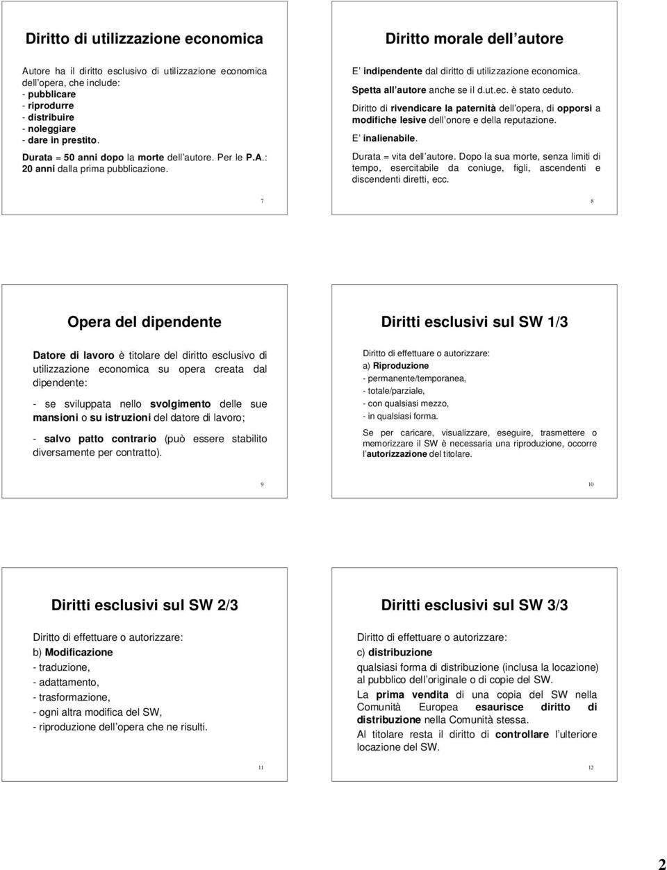 Diritto di rivendicare la paternità dell opera, di opporsi a modifiche lesive dell onore e della reputazione. E inalienabile. Durata = vita dell autore.