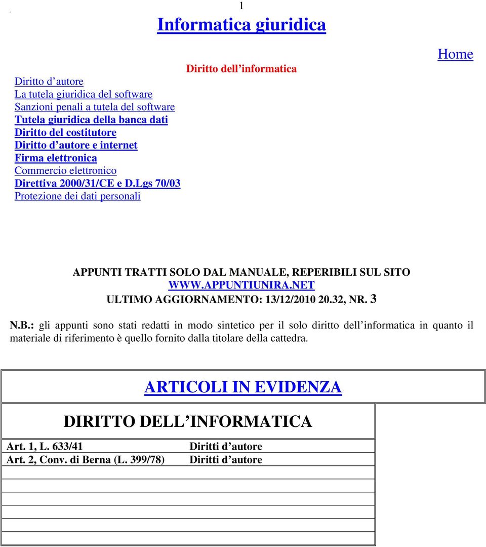 Lgs 70/03 Protezione dei dati personali 1 Informatica giuridica Diritto dell informatica Home APPUNTI TRATTI SOLO DAL MANUALE, REPERIBILI SUL SITO WWW.APPUNTIUNIRA.