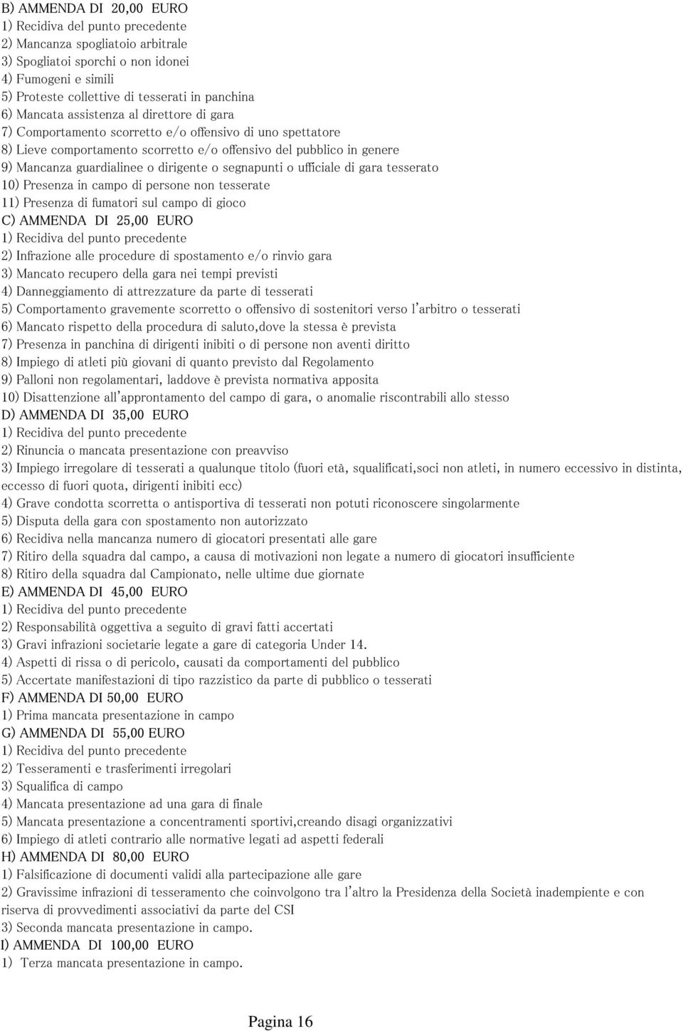 dirigente o segnapunti o ufficiale di gara tesserato 10) Presenza in campo di persone non tesserate 11) Presenza di fumatori sul campo di gioco C) AMMENDA DI 25,00 EURO 1) Recidiva del punto