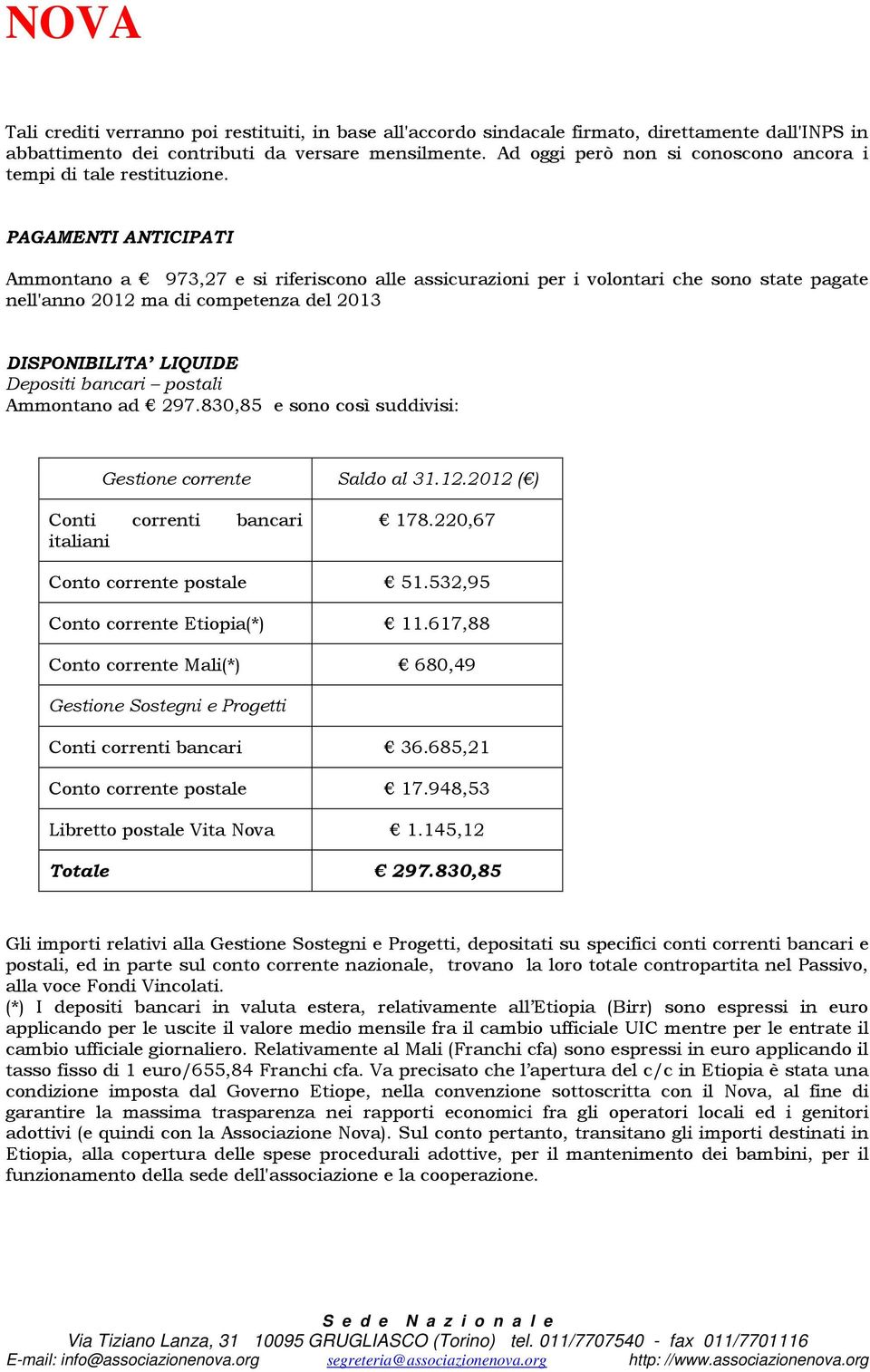 PAGAMENTI ANTICIPATI Ammontano a 973,27 e si riferiscono alle assicurazioni per i volontari che sono state pagate nell'anno 2012 ma di competenza del 2013 DISPONIBILITA LIQUIDE Depositi bancari