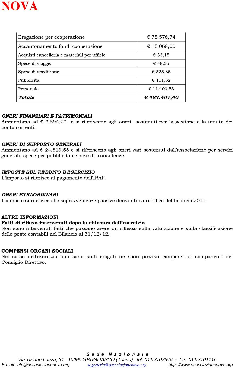 407,40 ONERI FINANZIARI E PATRIMONIALI Ammontano ad 3.694,70 e si riferiscono agli oneri sostenuti per la gestione e la tenuta dei conto correnti. ONERI DI SUPPORTO GENERALI Ammontano ad 24.