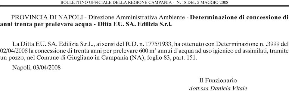 1775/1933, ha ottenuto con Determinazione n.