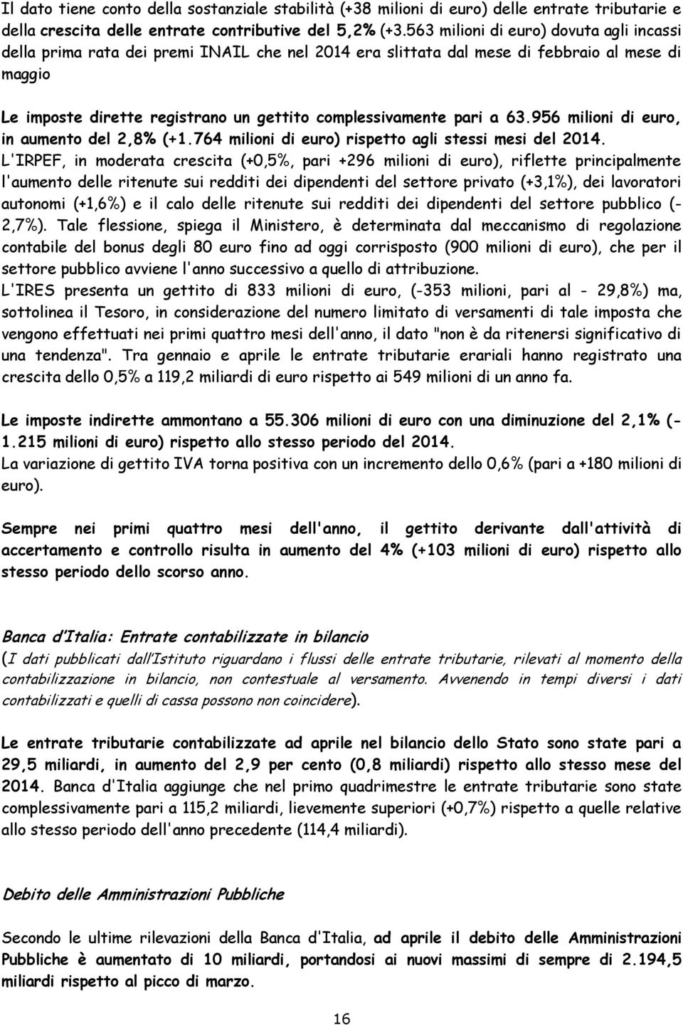 pari a 63.956 milioni di euro, in aumento del 2,8% (+1.764 milioni di euro) rispetto agli stessi mesi del 2014.