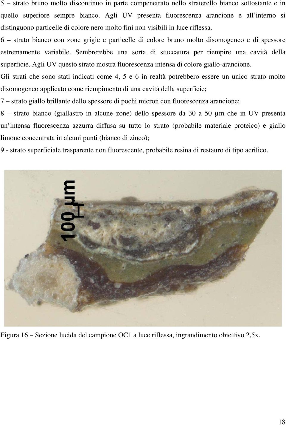 6 strato bianco con zone grigie e particelle di colore bruno molto disomogeneo e di spessore estremamente variabile. Sembrerebbe una sorta di stuccatura per riempire una cavità della superficie.