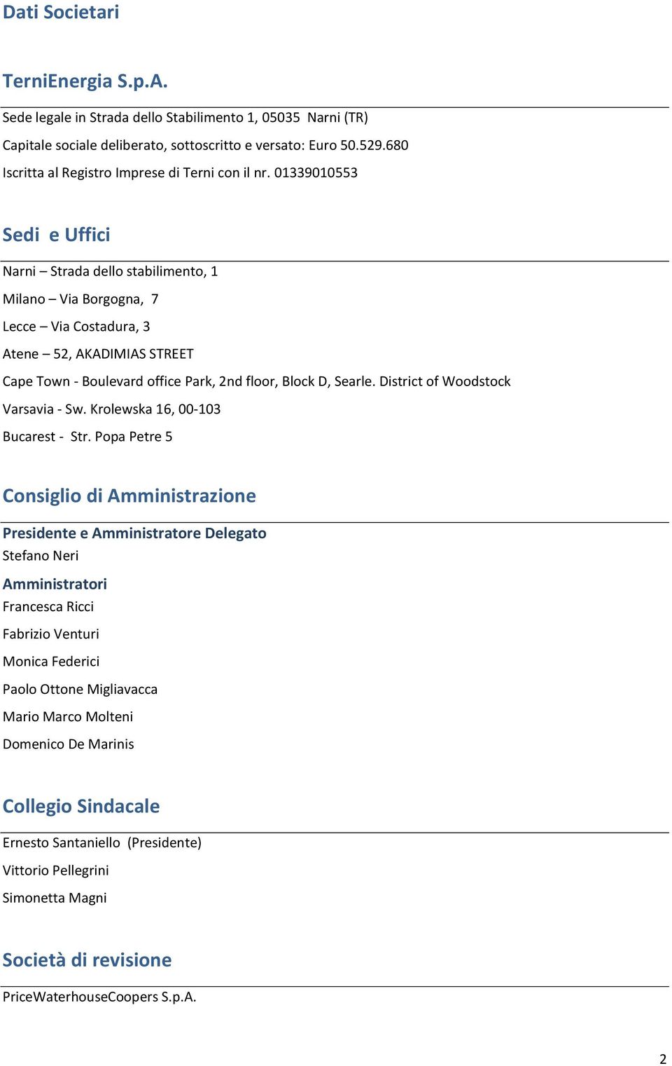 01339010553 Sedi e Uffici Narni Strada dello stabilimento, 1 Milano Via Borgogna, 7 Lecce Via Costadura, 3 Atene 52, AKADIMIAS STREET Cape Town - Boulevard office Park, 2nd floor, Block D, Searle.