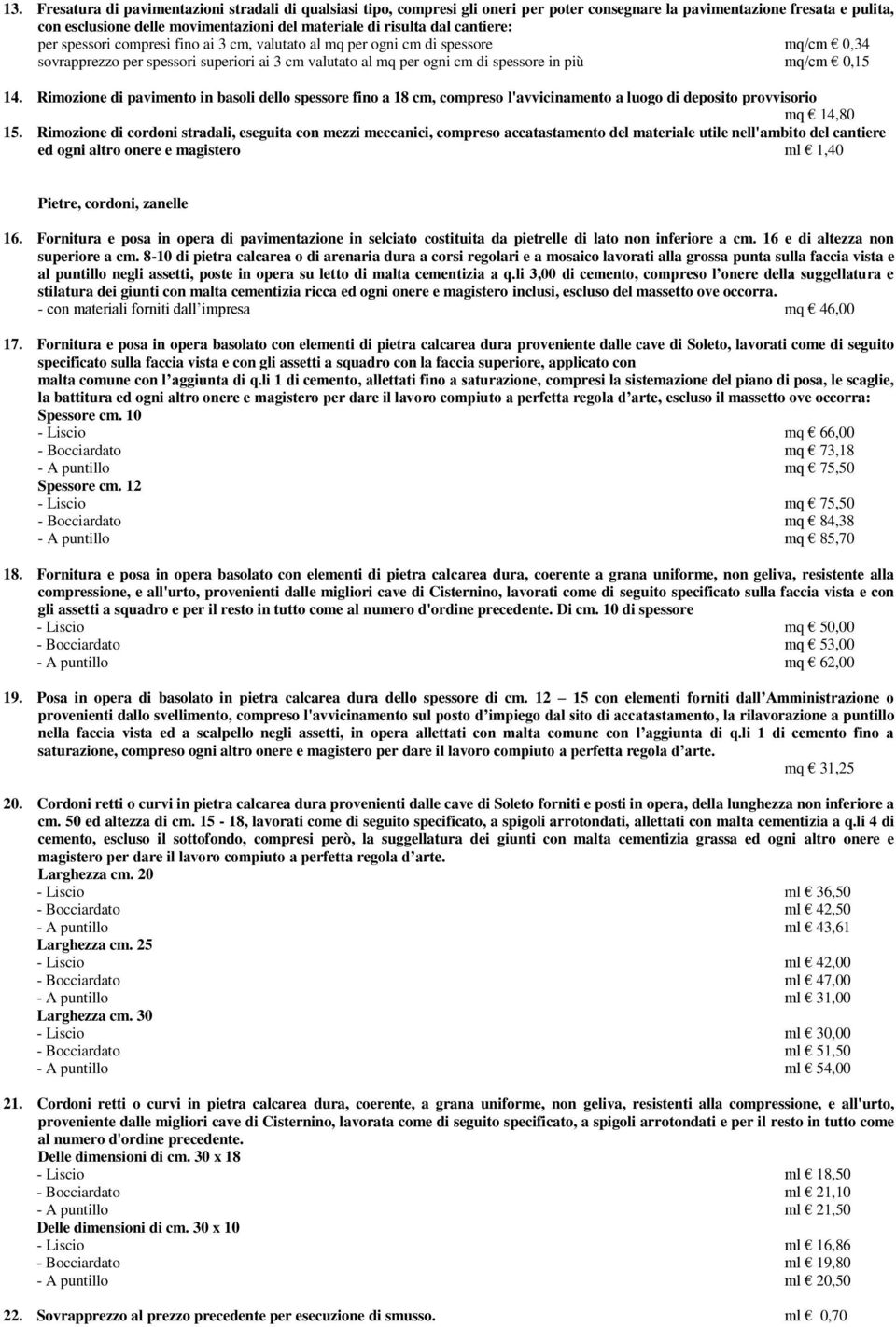 0,15 14. Rimozione di pavimento in basoli dello spessore fino a 18 cm, compreso l'avvicinamento a luogo di deposito provvisorio mq 14,80 15.