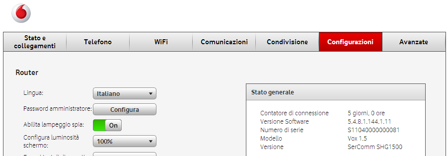 Portale Web (9/10) Configurazioni: in questa pagina è possibile gestire alcune configurazioni della Vodafone Station 2 Possibilità di configurare la password per proteggere le pagine di