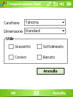 Impostazioni per il formato testo È possibile modificare il font e le dimensioni del testo stampato. 1 Scegliere [Font] nel menu Impostazioni della schermata [Stampa le note].