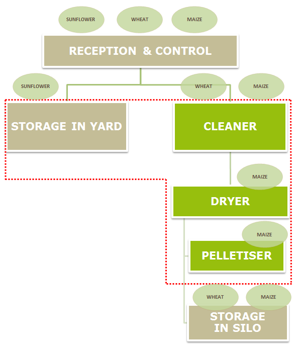 di calore. La riduzione delle dimensioni delle particelle verrebbe eseguita con una cippatrice affittata dall'organizzazione di Produttori della Biomassa.