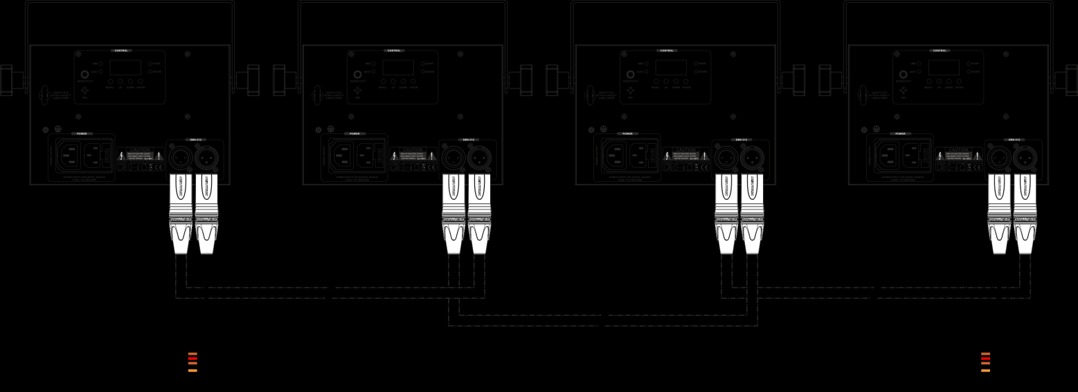 Modalità di controllo Ci sono 4 modalità: Programmi integrati (modalità indipendente) Controllato da audio Master/Slave DMX-512 (1 canale, 4 canali) Un'unità Techno Derby (Indipendente) 01) Fissare