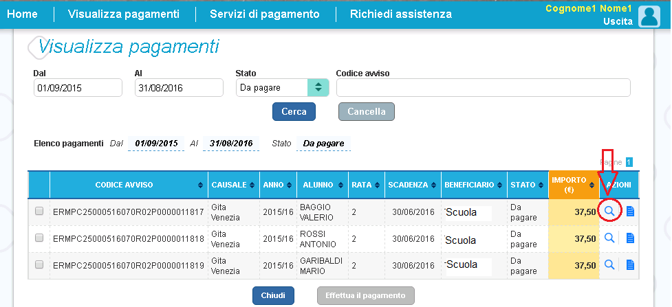 7. Dettaglio avviso di pagamento Per ogni avviso presente nella pagina Visualizza pagamenti l utente può accedere al suo dettaglio attivando l icona funzionale indicata in figura.