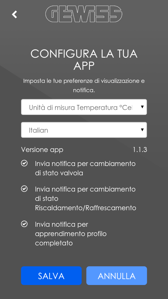 4.3 Impostazioni applicazione In questa pagina è possibile configurare i parametri di base dell applicazione ed attivare/disattivare le notifiche push.