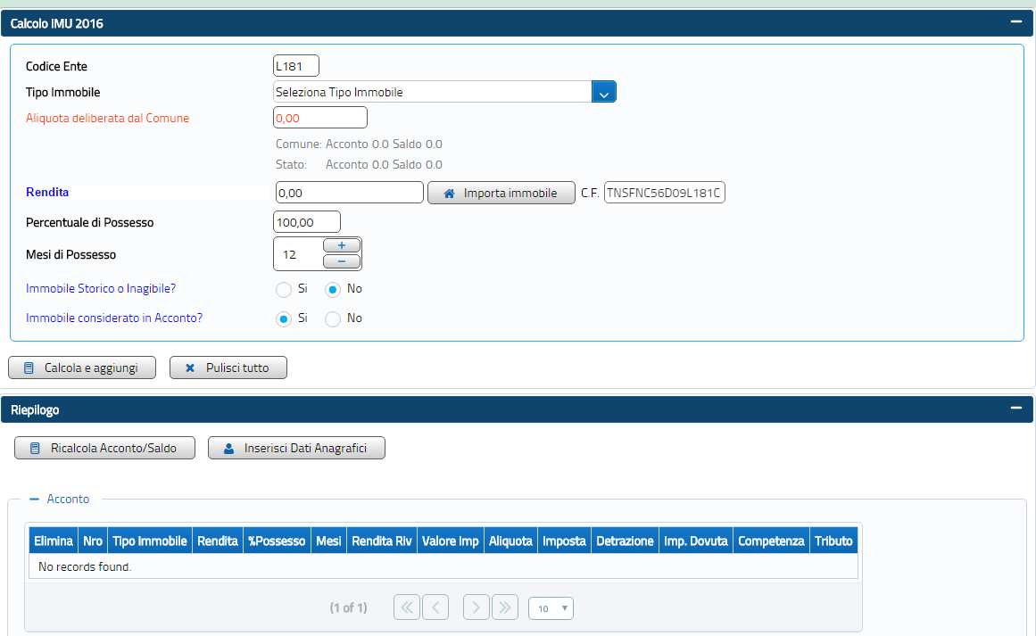 MENÙ CALCOLI ONLINE L applicativo consente il calcolo online