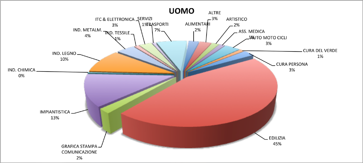 Seguono impiantistica con l 11% (95,5% italiane e 4,5% straniere e 99% uomini e 1% donne) e l industria del legno al 9% (94,5% italiane e 5,5% stranieree 95,5% uomini e 4,5% donne).