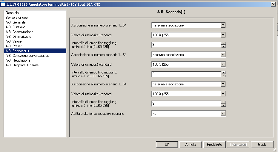 Parametri A/B preset Compare se abilitato il parametro "Abilitare funzione Preset 1 bit" nella voce "A/B funzione". Serve per la gestione di scenari da 1 bit - dispositivi KNX datati. Comportam.