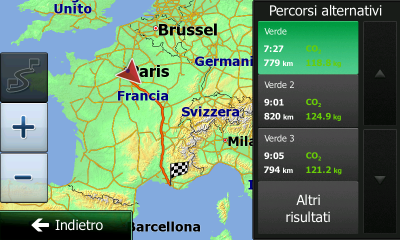 4. Toccare. 5. Verranno visualizzate le informazioni di base di tre percorsi alternativi con il metodo di pianificazione del percorso selezionato. Toccarli per vederli visualizzati sulla mappa. 6.