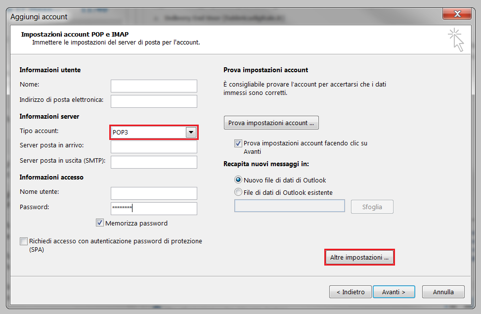 3.1.3 Selezionare la voce POP o IMAP e premere Avanti : Figura 3 Selezione tipologia Account 3.1.4 Selezionare il protocollo POP3, compilare la form come indicato in Figura 4, quindi premere il pulsante Altre Impostazioni : Nome Cognome mail.