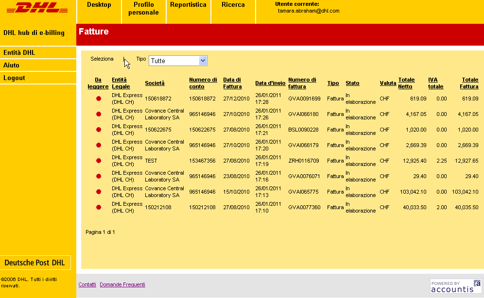 1 Introduzione 3 Applicazione di DHL e-billing 2 Primi passi 4 Link utili 3.1 Portale clienti e-billing Il riepilogo delle fatture 3.2 Lettera di vettura 3.