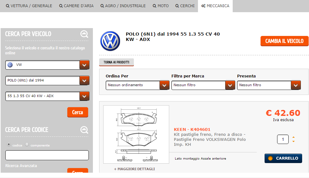 4 visualizzazione/selezione prodotto Il Sistema visualizza i kit pastiglie disponibili per il tipo di vettura selezionata fornendo informazioni relative al modello di ricambio immagine del prodotto